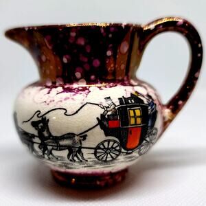 Mini Old Castle Pitcher Creamer Stagecoach Purple Luster Glaze 1930s 40s 2"x3"